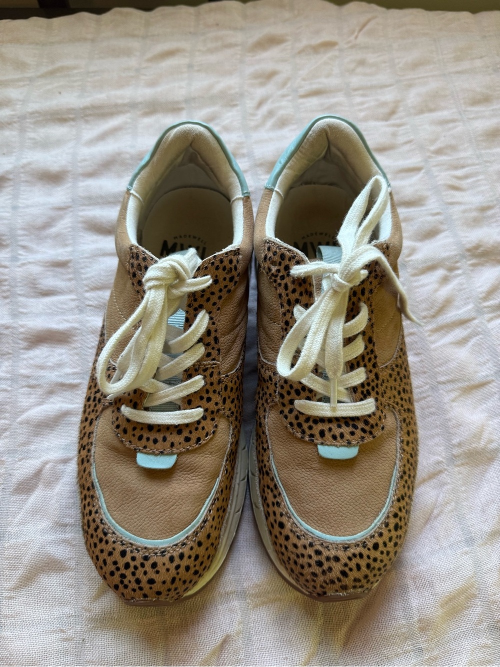 Madewell Tan CheetahPrint Sneakers with Cream Laces and Light Blue Trim No tread - Picture 2 of 6